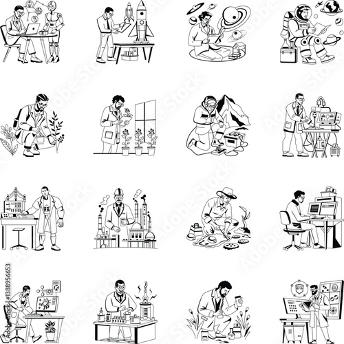 Collection of Glyph Style Science Characters Illustrations 