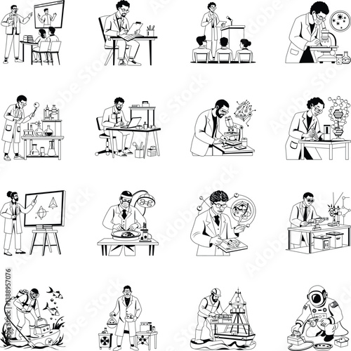 Set of Glyph Style Science Professions Illustrations
