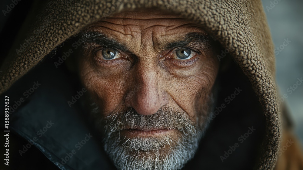 Intense gaze of elderly caucasian male under hood Intense gaze of elderly caucasian male under hood