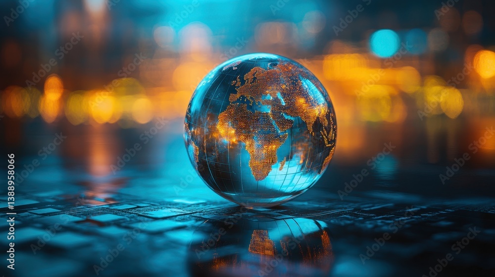 Glowing digital globe on futuristic cityscape at night with bokeh lights Glowing digital globe on futuristic cityscape at night with bokeh lights