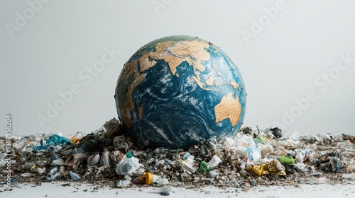 Pollution crisis: planet earth surrounded by plastic waste and environmental debris