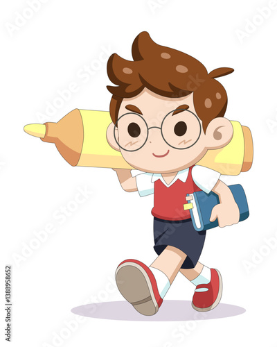 Cute style Smart boy carrying highlight marker pen cartoon illustration