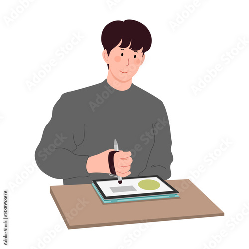 man with cervical spinal cord injury using pen holding device to write something on a tablet