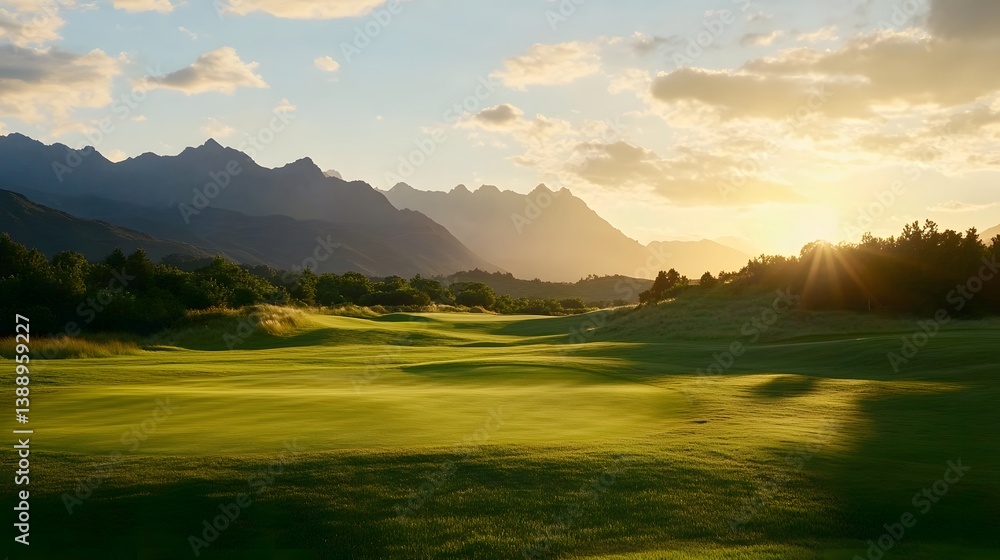 Naklejka premium Picturesque Green Golf Course with Majestic Mountain Backdrop at Sunset