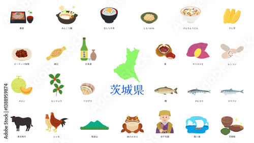 茨城県の名物や特産品のイラスト。フラットなベクターイラストセット。 Illustrations of Ibaraki's specialties and local products. Flat vector illustration set.