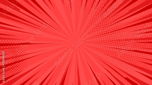 Comic pop art background. Vintage retro design. Red radial backdrop with halftone elements and bubble.