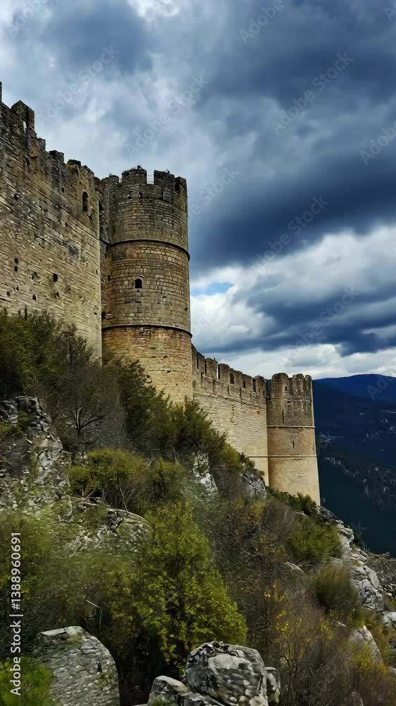 Historic castle on a hillside under dramatic clouds in the mountains during early afternoon Historic castle on a hillside under dramatic clouds in the mountains during early afternoon