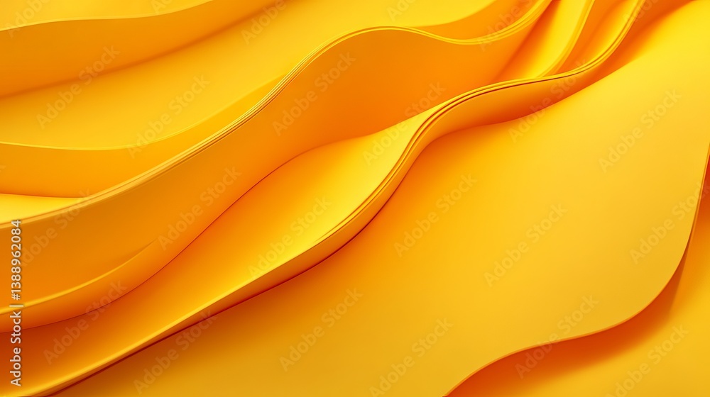 Vivid, fluid-inspired 3D illustration of layered paper folds in warm yellow and orange tones, forming dynamic waves on a soft gradient background.