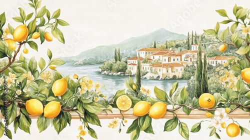 Watercolor of Lemon tree in Traditional greek Santorini house with bougainvillea flowers,Greece islands blue white traditional cafe restaurant architecture,Santorini blue door window,Mediterranean.