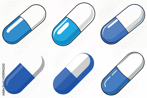 Collection of Six Different Blue and White Capsule Pills Illustrations