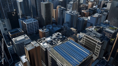 Urban Landscape with Skyscrapers and Rooftop Solar Panels in a Modern City