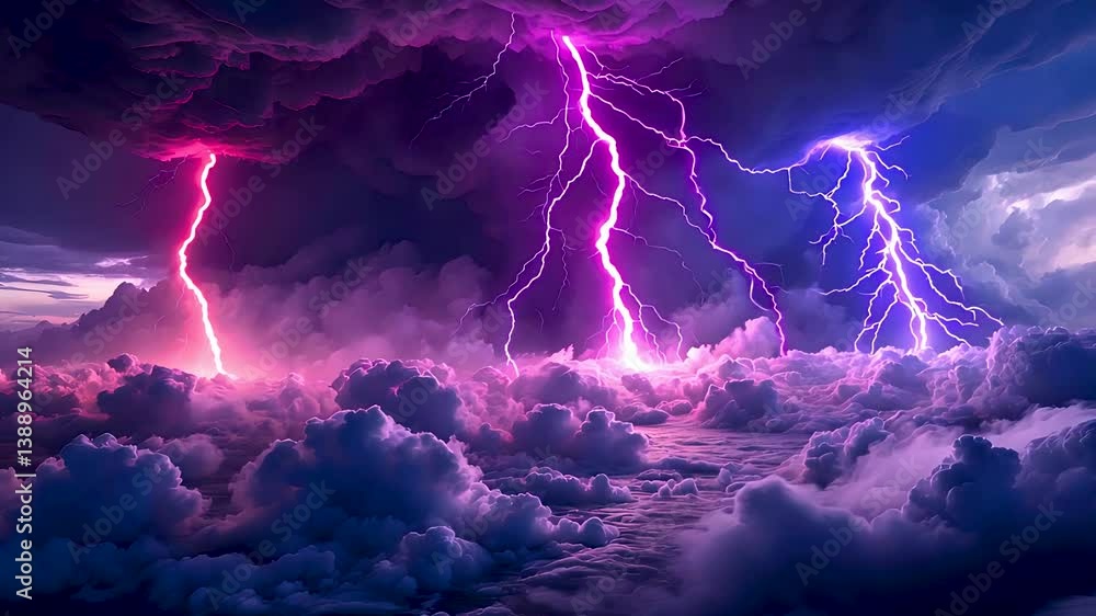Intense purple lightning bolts striking through thick storm clouds dramatic loop