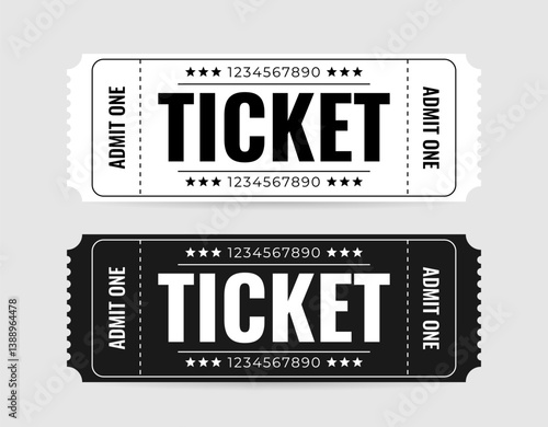 Classic black and white admission tickets set. Vector illustration isolated. Entry template for cinema, festival, theater, concert and more