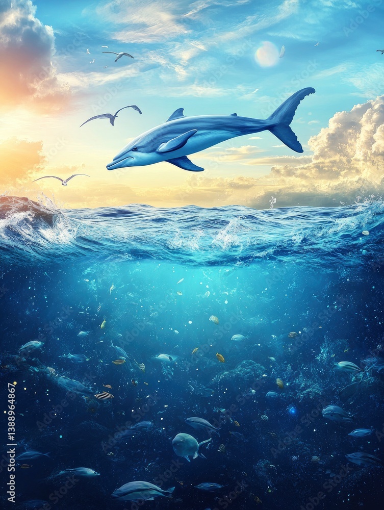 Fototapeta premium Dolphin Leaping Above Ocean Water with Underwater Life at Sunset