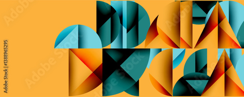 Abstract geometric shapes, vibrant colors, orange background. Overlapping forms create dynamic composition. Modern design, bold aesthetic.