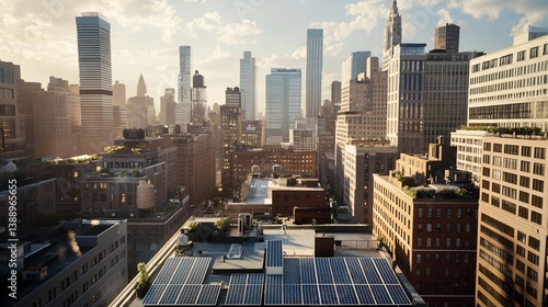 Sustainable urban energy: Solar panels on rooftops in a cityscape panorama