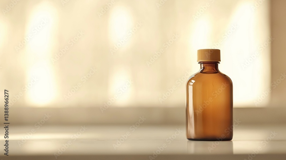 Small amber glass bottle with a yellow cap. the bottle is placed on a white surface with a blurred background. the focus of the image is on the bottle, which is the only object in the frame. Small amber glass bottle with a yellow cap. the bottle is placed on a white surface with a blurred background. the focus of the image is on the bottle, which is the only object in the frame.