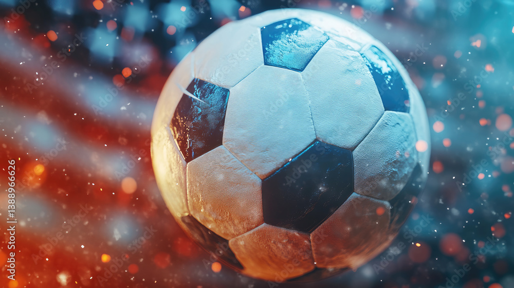 Fototapeta premium Soccer ball with the American flag in the background, symbolizing the USA's participation in the Football World Cup. Patriotic sports banner and flyer with copy space