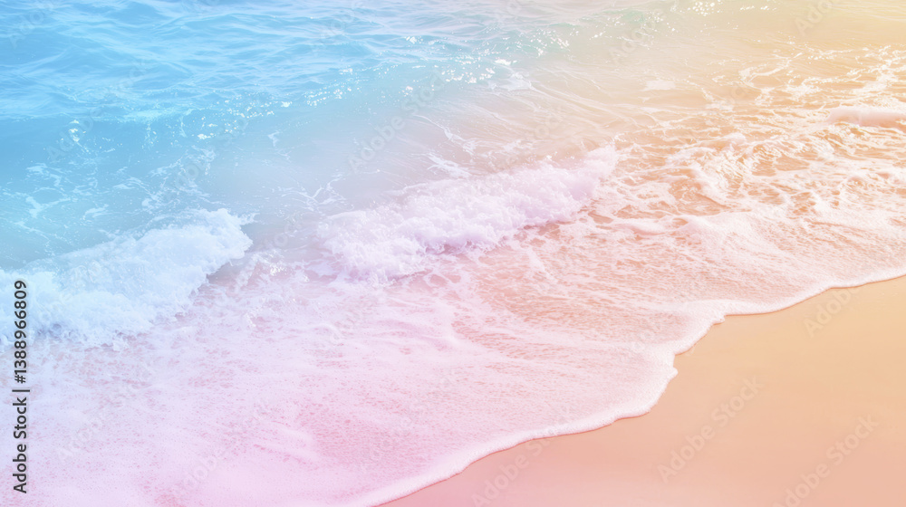 Fototapeta premium serene beach scene with gentle waves lapping at pastel shoreline, evoking tranquility and calmness