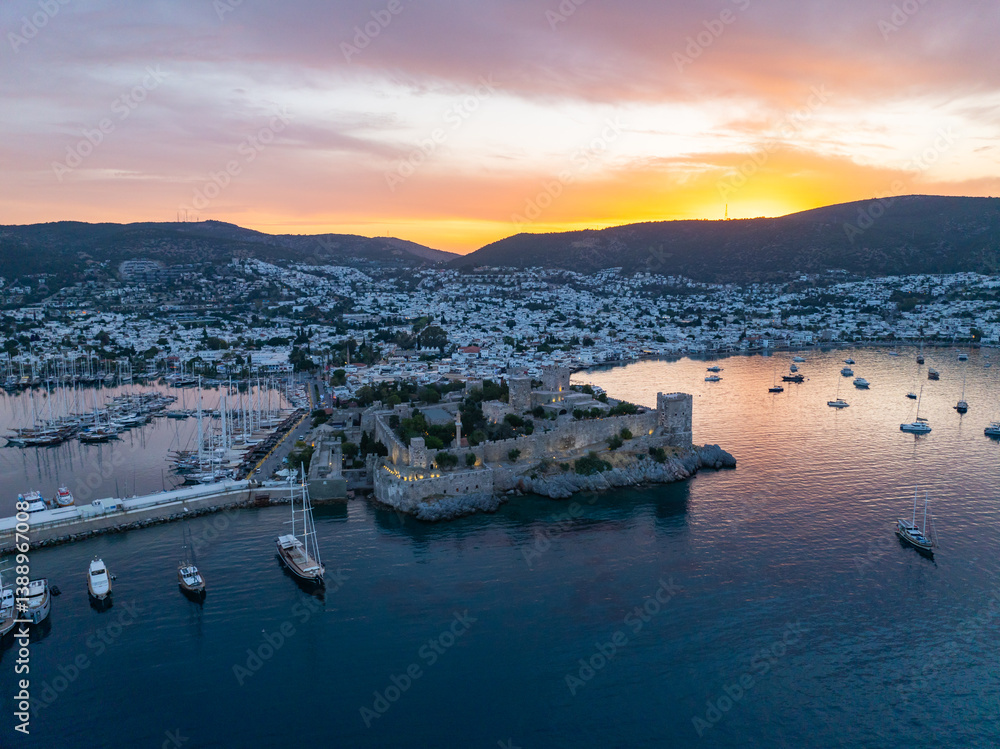 Obraz premium Bodrum Castle nd City Drone Photo, Bodrum Beach and Marina, Bodrum Mugla, Turkiye (Turkey)