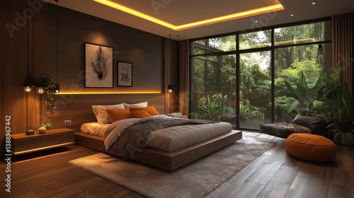 Modern Master Bedroom with Textured Accent Wall and Tropical View