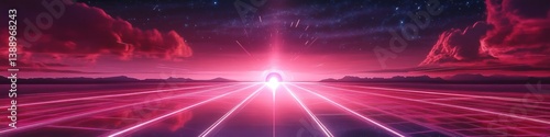 Futuristic Solar Matrix: Cyberpunk Energy Grid with Giant Sun Array Stretching to Horizon. Mirrored Panels Reflect Clouds and Star Trails. Particle Beams from Collectors. Ultra-Wide Distorted Composit