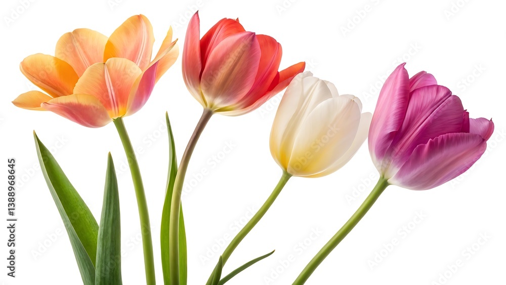 Elegant Tulip Flowers Isolated on White Background, Spring Floral Botanical Illustration Elegant Tulip Flowers Isolated on White Background, Spring Floral Botanical Illustration