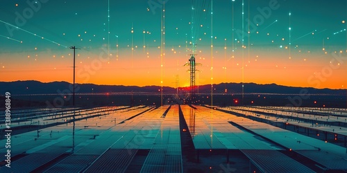 Futuristic Solar Matrix: Cyberpunk Energy Grid with Giant Sun Array Stretching to Horizon. Mirrored Panels Reflect Clouds and Star Trails. Particle Beams from Collectors. Ultra-Wide Distorted Composit