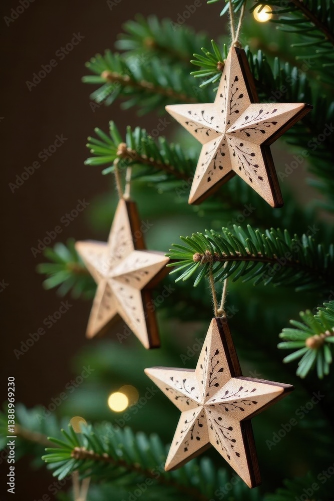 Handmade wooden star and snowflake decorations on a rustic tree, vintage style, cozy Handmade wooden star and snowflake decorations on a rustic tree, vintage style, cozy