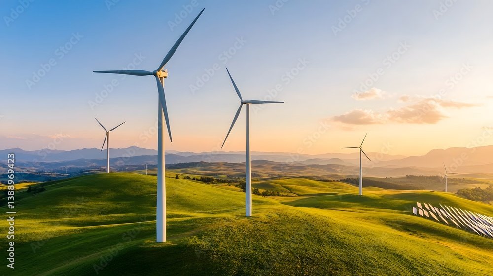 Obraz premium Renewable Energy Landscape with Wind Turbines and Solar Panels at Sunrise or Sunset on Rolling Green Hills