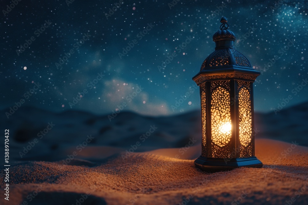 Enchanting lantern glows warmly on desert sand under a starlit night sky creating a serene and magical atmosphere with a low angle view Enchanting lantern glows warmly on desert sand under a starlit night sky creating a serene and magical atmosphere with a low angle view