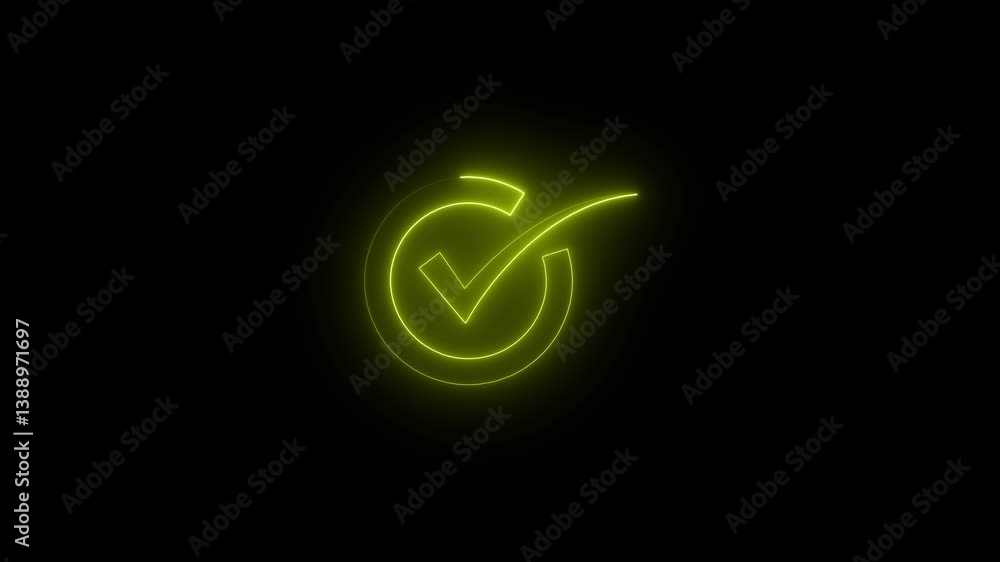 yellow glowing neon check mark icon animation. yellow glowing neon check mark icon animation.