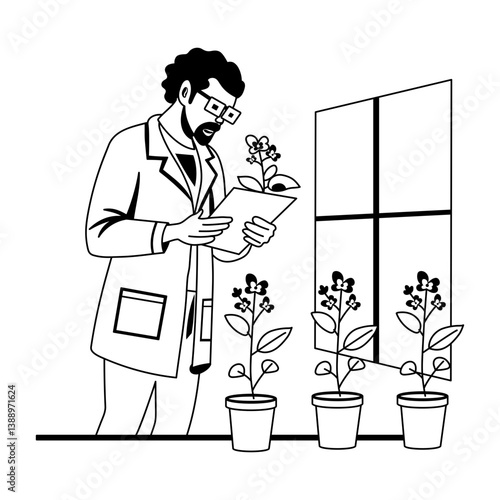 Plant scientist research on houseplants, glyph style illustration 
