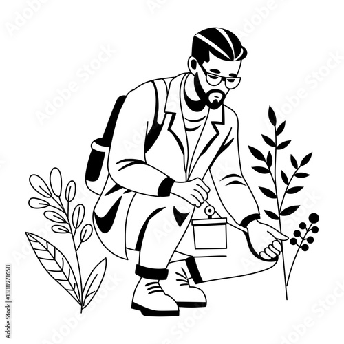 A glyph illustration of a botanist checking plants 
