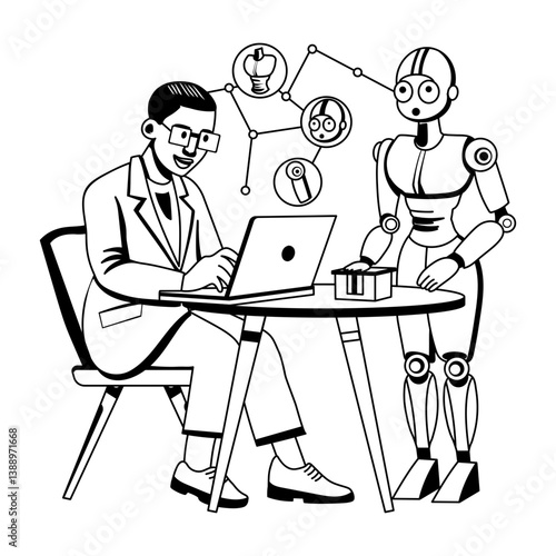 A glyph illustration of ai researcher with a robot 
