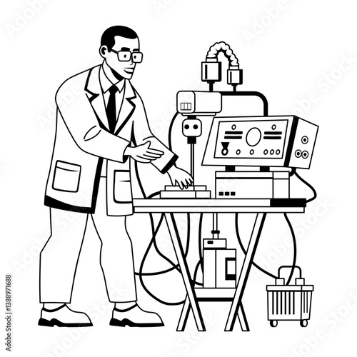Biomedical engineer operating an apparatus with hands illustration in glyph style 
