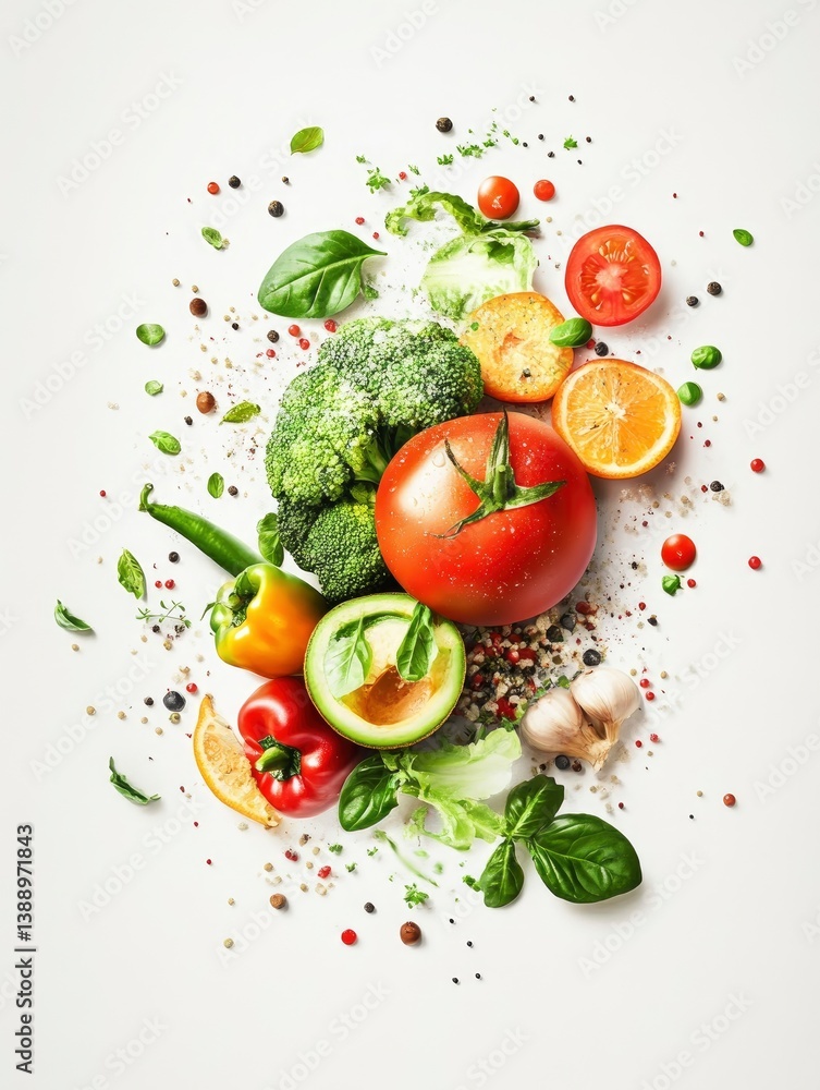Fresh Vegetables and Herbs Still Life Arrangement on White Background Fresh Vegetables and Herbs Still Life Arrangement on White Background