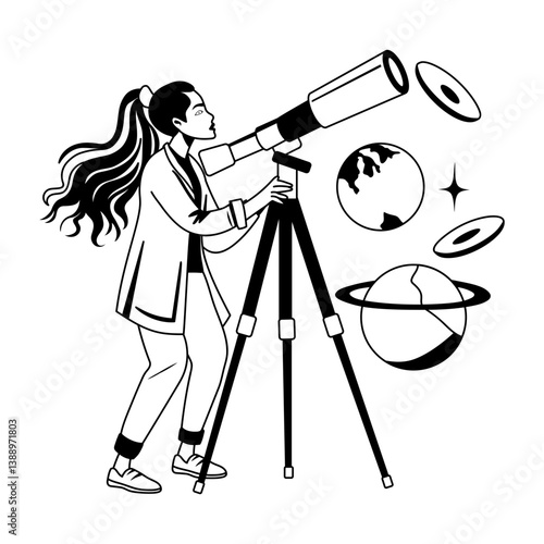 A glyph illustration of an astronomer looking planets with a telescope 
