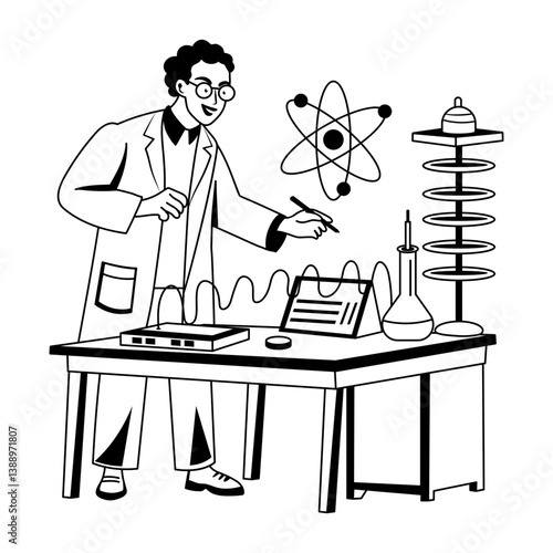 A glyph illustration of scientist doing physics experiment in a lab 
