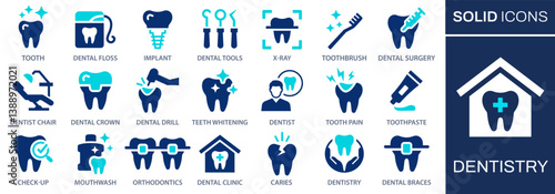 Dentistry icon set. Collection of implant, orthodontics, caries, braces and more. Vector illustration. Easily changes to any color.