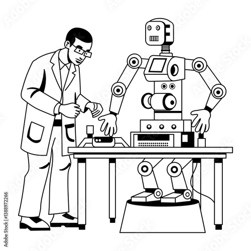 A glyph illustration of character doing study about robotics 

