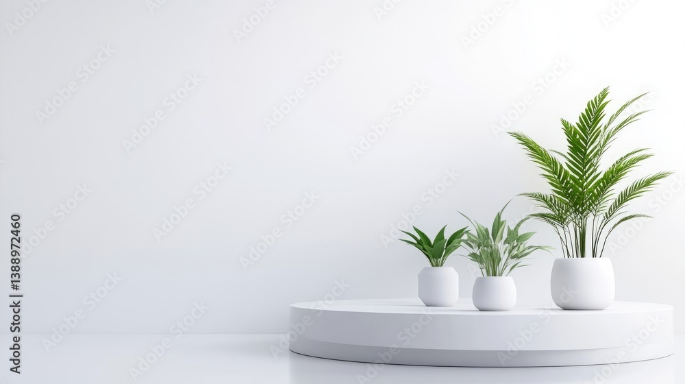 Three potted plants sit on a white circular platform against a white wall. The largest plant is a palm, smaller plants flank it. The image is clean, bright, and high-resolution. A minimalist style p Three potted plants sit on a white circular platform against a white wall. The largest plant is a palm, smaller plants flank it. The image is clean, bright, and high-resolution. A minimalist style p