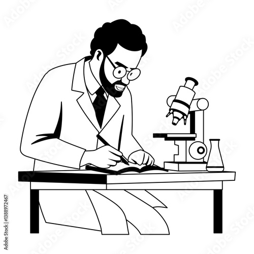 A glyph illustration of senior scientist write down its research in a book 