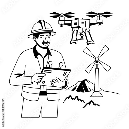 A glyph illustration of a surveyor flying a drone 