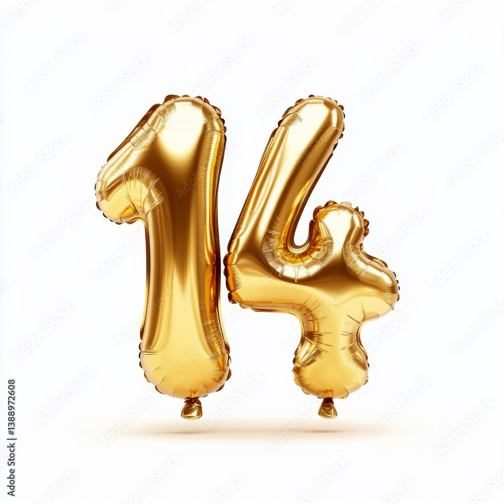 Fototapeta premium Golden number 14 balloons on white background for celebrations and anniversaries