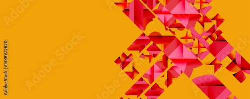 Bright orange background with fragmented pink, red geometric shapes. Sharp angles, layered design, modern aesthetic. Minimalist composition, bold colors.