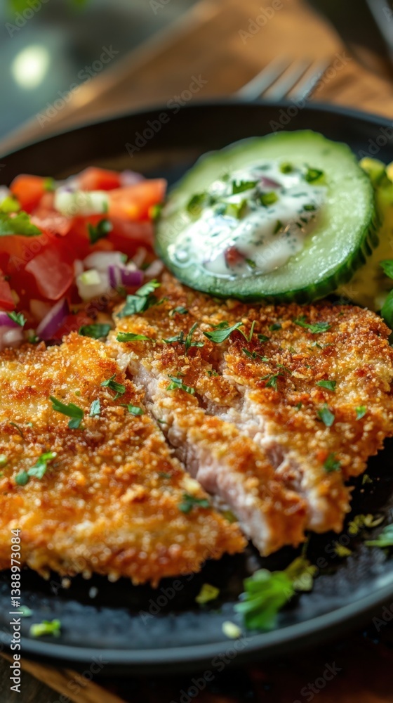 Crispy breaded chicken with fresh salad and creamy dressing on black plate Crispy breaded chicken with fresh salad and creamy dressing on black plate