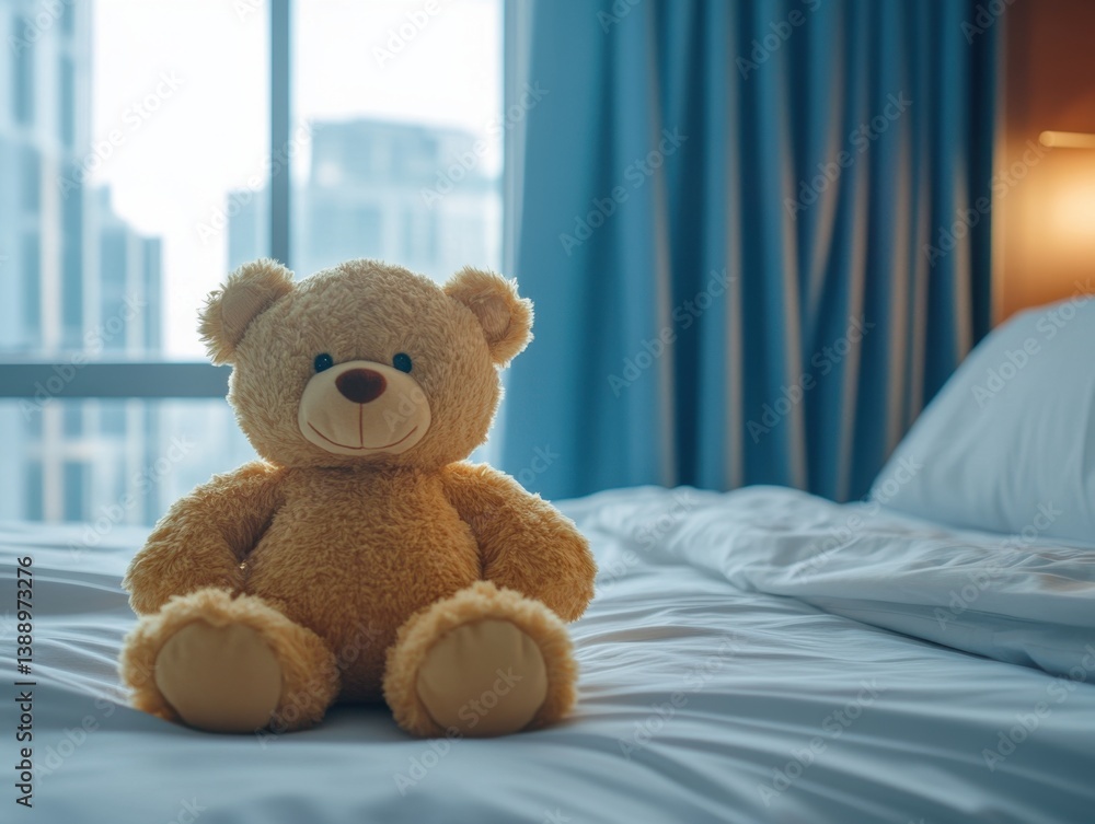 Cozy Teddy Bear Sitting on Bed in Hotel Room with City View Curtains and Soft Lighting for Childhood Comfort Cozy Teddy Bear Sitting on Bed in Hotel Room with City View Curtains and Soft Lighting for Childhood Comfort