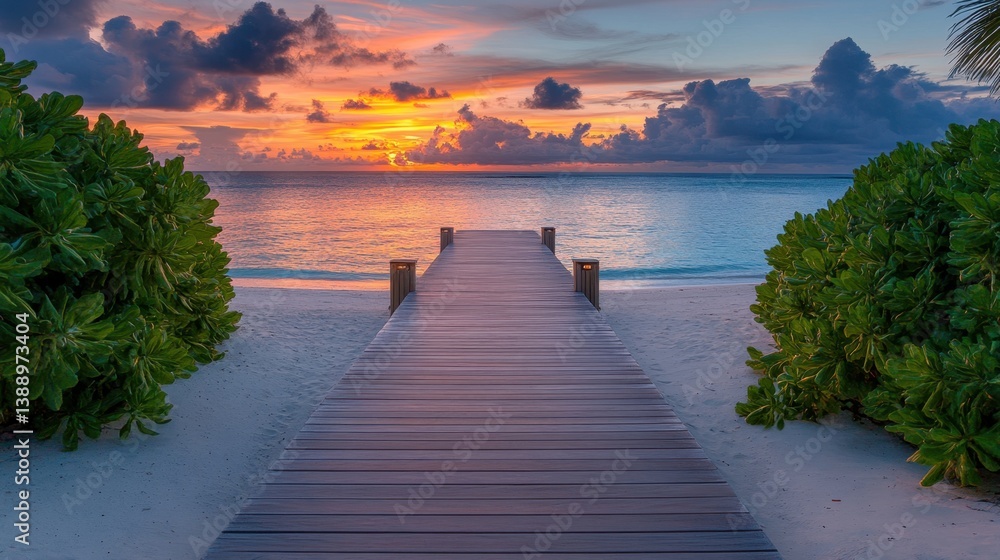 Fototapeta premium Serene boardwalk at sunset over tropical beach with calm ocean and colorful sky in a tranquil paradise destination