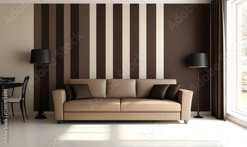 A modern living room featuring a brown striped accent wall